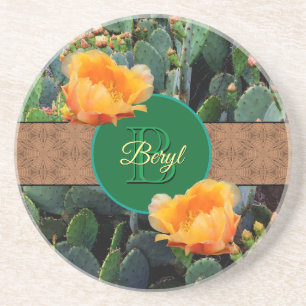 Personalized Monogram Orange Prickly Pear Cactus 2 Coaster