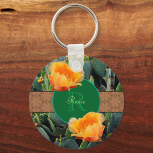 Personalized Monogram Orange Prickly Pear Cactus 2 Keychain