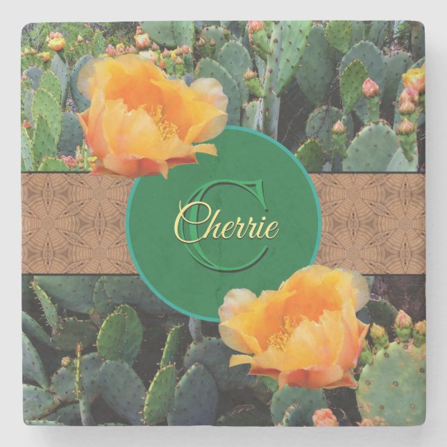 Personalized Monogram Orange Prickly Pear Cactus 2 Stone Coaster (Front)