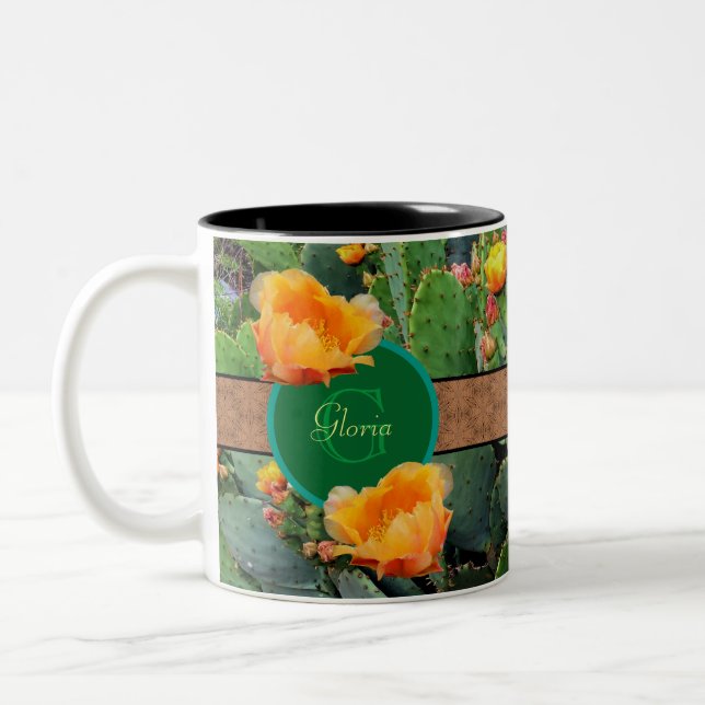 Personalized Monogram Orange Prickly Pear Cactus 2 Two-Tone Coffee Mug (Left)