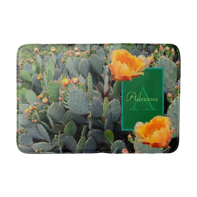 Personalized Monogram Orange Prickly Pear Cactus Bath Mat (Front)