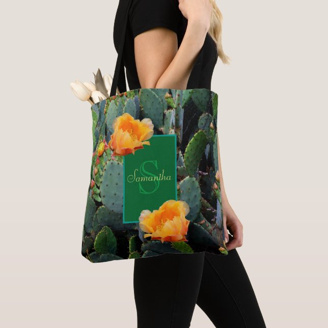 Personalized Monogram Orange Prickly Pear Cactus Tote Bag (Close Up)