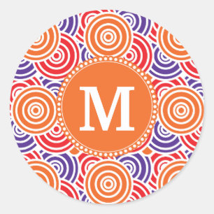 Personalized Monogram Orange Purple Circle Pattern Classic Round Sticker