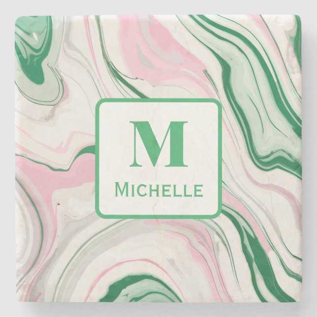 Personalized Monogram Pink And Green Marble Stone Coaster (Front)