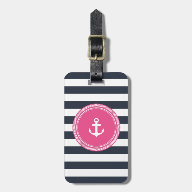 Personalized Monogram Pink and Navy Nautical Luggage Tag (Front Vertical)