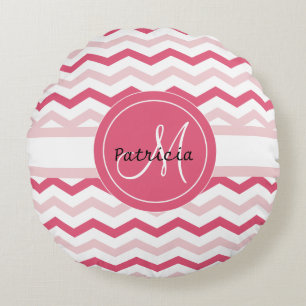 Personalized Monogram Pink Chevron Pattern Round Pillow