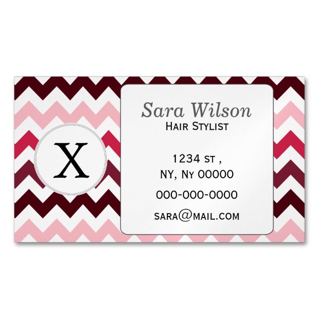 Personalized Monogram Pink Chevron ZigZag Pattern Magnetic Business Card (Front)