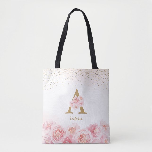 Personalized monogram pink floral bridesmaid tote  (Front)