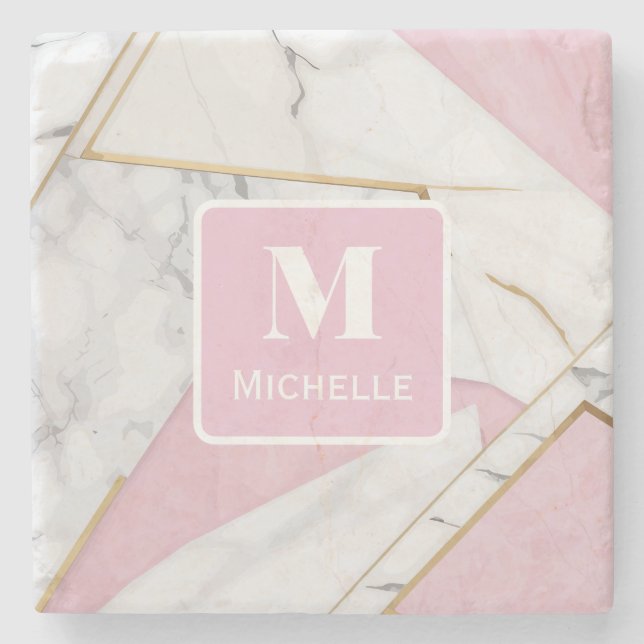 Personalized Monogram Pink & Gold Marble Stone Coaster (Front)