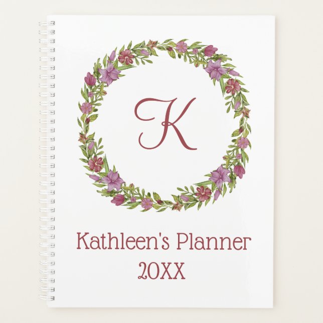 Personalized Monogram Pink & Green Floral Wreath  Planner (Front)