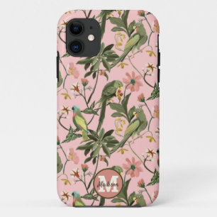 Personalized Monogram Pink Parrot Floral Pattern iPhone 11 Case