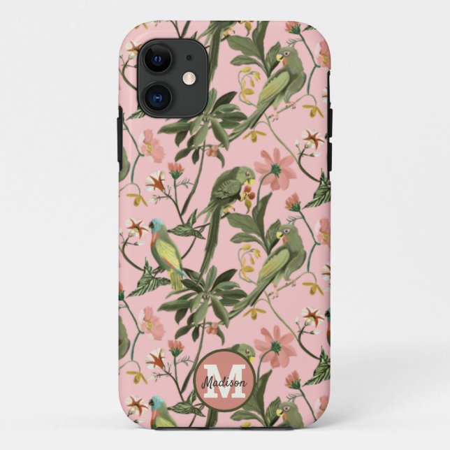 Personalized Monogram Pink Parrot Floral Pattern Case-Mate iPhone Case (Back)