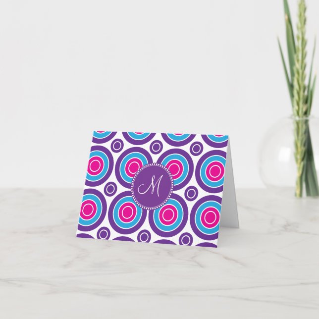 Personalized Monogram Pink Purple Circle Pattern Note Card (Front)