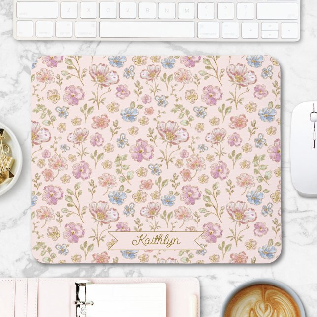 Personalized Monogram Pretty Vintage Floral Mouse Pad (In situ)