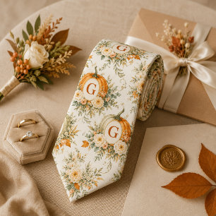 Personalized Monogram Pumpkin Floral Wedding Tie