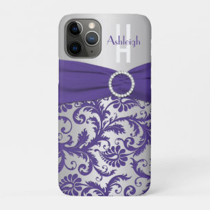 Personalized Monogram Purple and Silver Damask iPhone 11 Pro Case