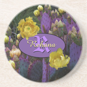 Personalized Monogram Purple Cactus Yellow Flowers Coaster