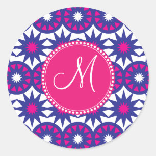 Personalized Monogram Purple Pink Stars Circles Classic Round Sticker
