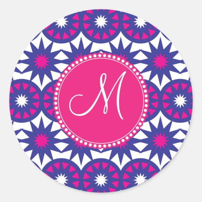 Personalized Monogram Purple Pink Stars Circles Classic Round Sticker (Front)