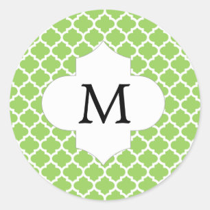 Personalized Monogram Quatrefoil green and White Classic Round Sticker