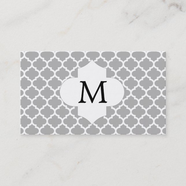 Personalized Monogram Quatrefoil Grey and White Business Card (Front)
