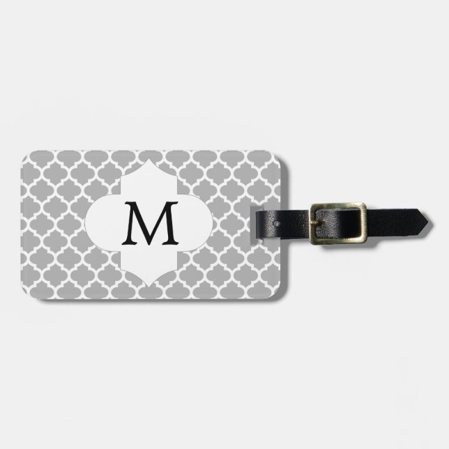 Personalized Monogram Quatrefoil Grey and White Luggage Tag (Front Horizontal)