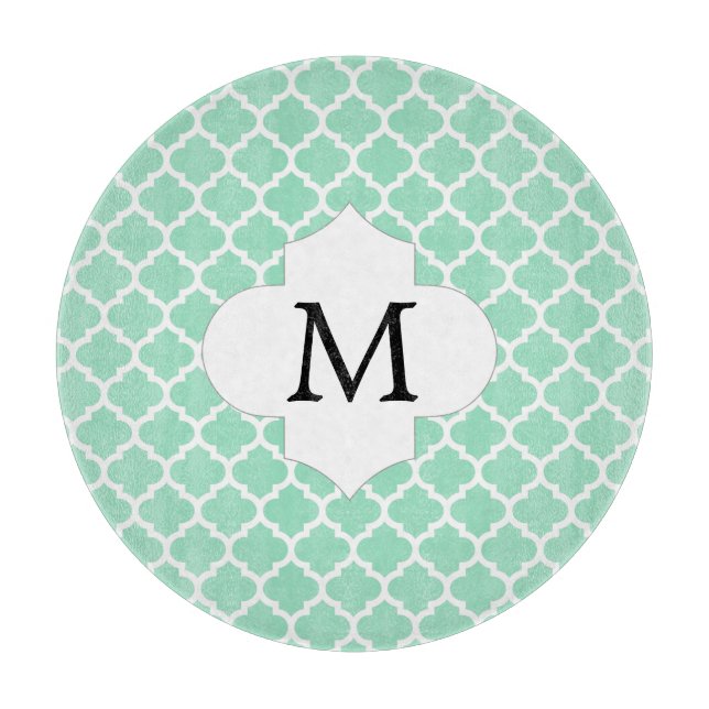 Personalized Monogram Quatrefoil Mint and White Cutting Board (Front)