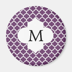 Personalized Monogram Quatrefoil Purple and White Magnet