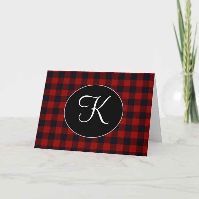 Personalized Monogram Red and Black Buffalo Plaid Card (Front)
