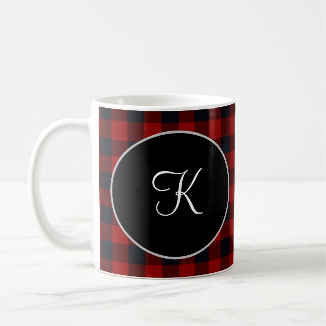 Personalized Monogram Red and Black Buffalo Plaid Coffee Mug (Left)