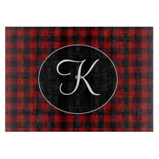 Personalized Monogram Red and Black Buffalo Plaid Cutting Board (Front)