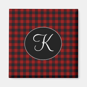 Personalized Monogram Red and Black Buffalo Plaid Magnet