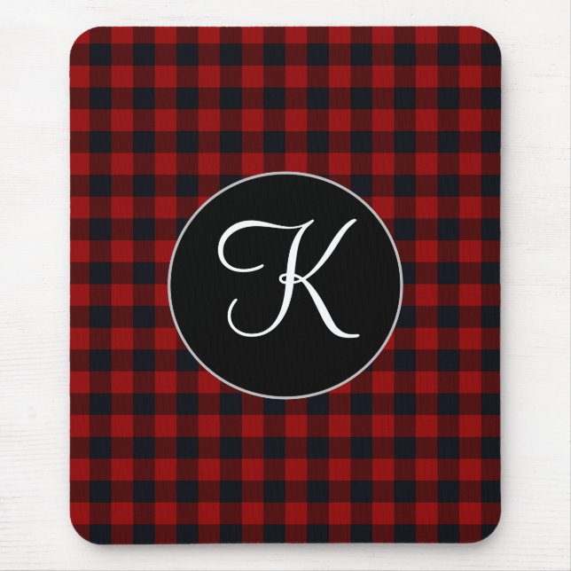 Personalized Monogram Red and Black Buffalo Plaid Mouse Pad (Front)