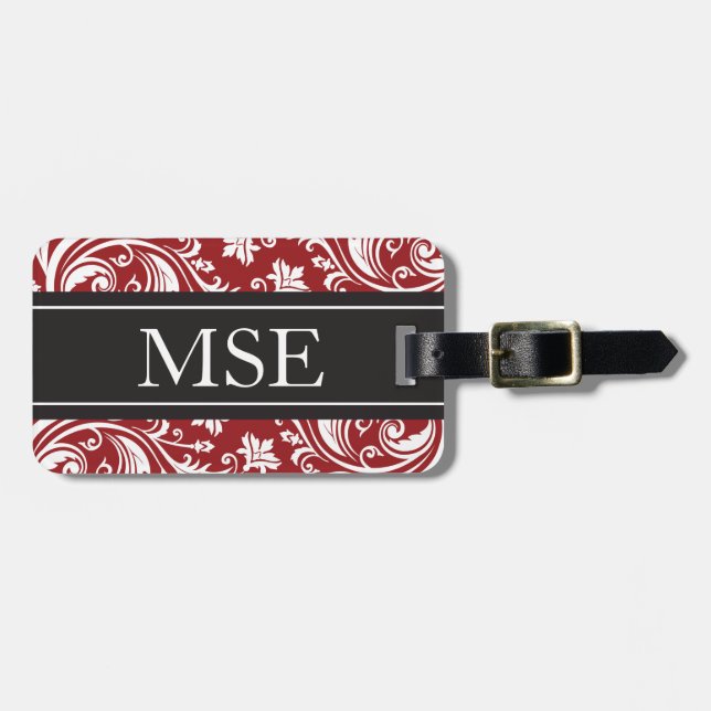 Personalized Monogram Red Black Damask Pattern Luggage Tag (Front Horizontal)