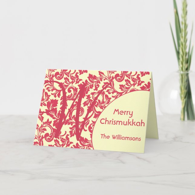 Personalized & Monogram Red Damask Chrismukkah Holiday Card (Front)