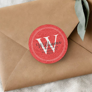 Personalized Monogram Red Floral Return Address Classic Round Sticker