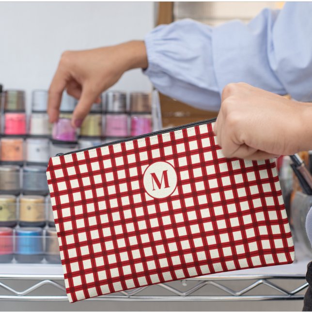 Personalized Monogram Red Gingham Feminine Makeup Accessory Pouch (Creator Uploaded)