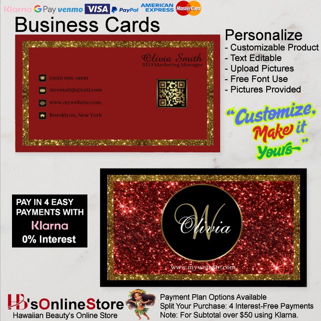 Personalized Monogram Red Gold Glitter QR Code 21 Business Card (Personalized Monogram Red Gold Glitter QR Code Business Card 21.)