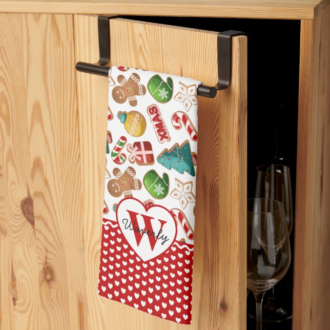 Personalized Monogram Red Hearts Gingerbread Xmas Kitchen Towel (Thirds Fold)