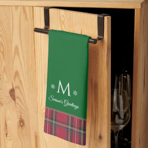 Personalized Monogram Red Tartan Green Christmas Kitchen Towel