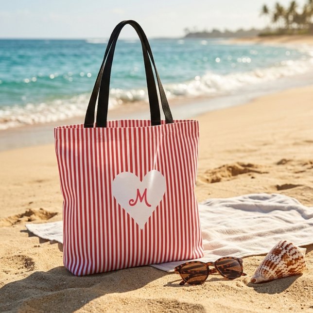 Personalized monogram red white stripes shopping  tote bag (Creator Uploaded)