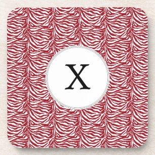 Personalized Monogram Red Zebra Stripes pattern Coaster
