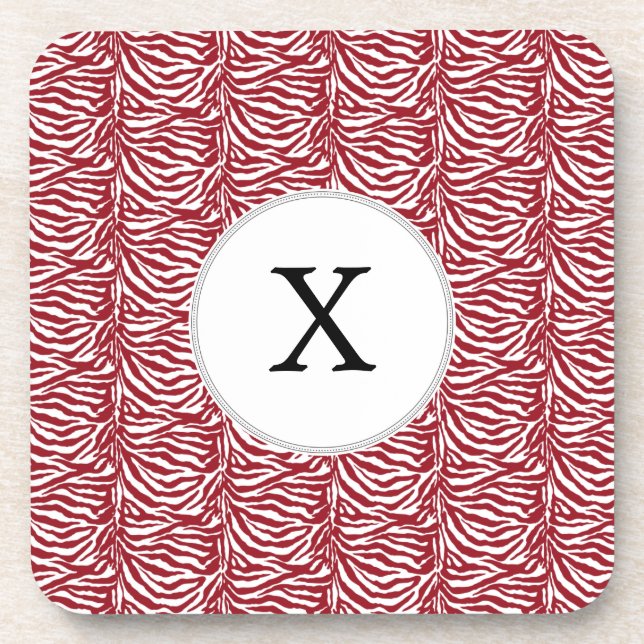 Personalized Monogram Red Zebra Stripes pattern Coaster (Front)