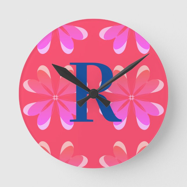 Personalized Monogram Retro Orange Pink Round Clock (Front)