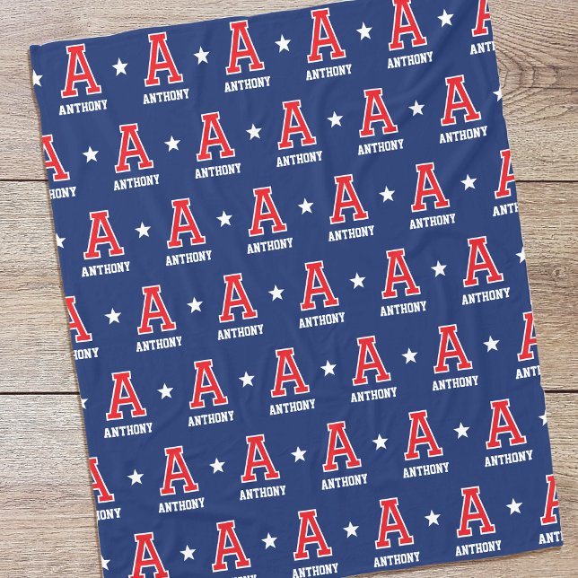 Personalized Monogram Retro Varsity Navy Red Fleece Blanket (Creator Uploaded)