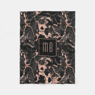 Personalized Monogram Rose Gold Black Marble  Fleece Blanket