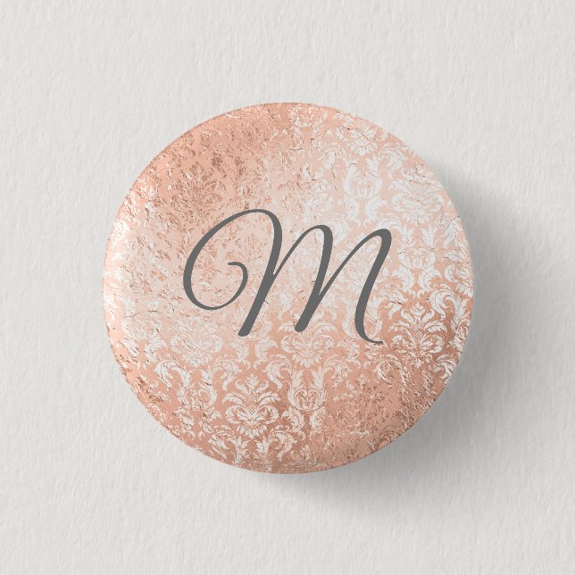 Personalized Monogram Rose Gold Damask 1 Inch Round Button (Front)