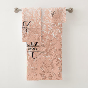 Personalized Monogram Rose Gold Damask Bath Towel Set