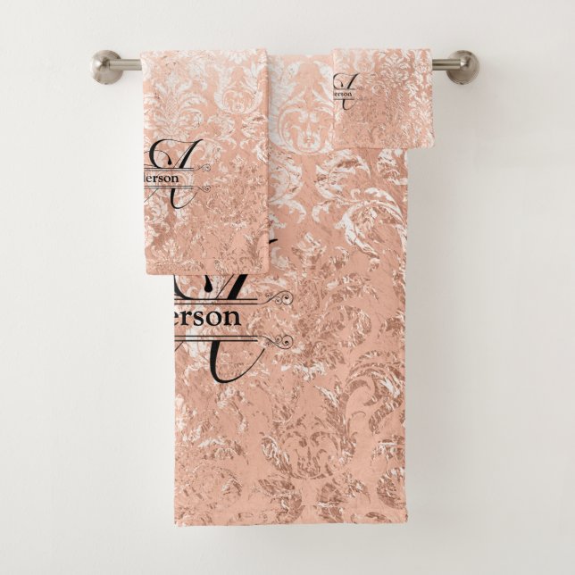 Personalized Monogram Rose Gold Damask Bath Towel Set (Insitu)