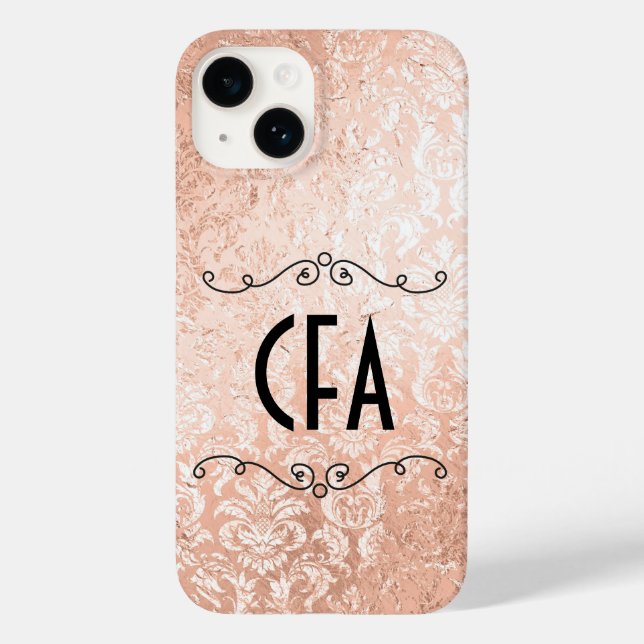 Personalized Monogram Rose Gold Damask Case-Mate iPhone Case (Back)
